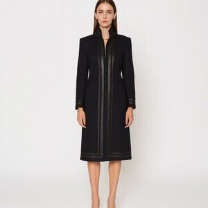 Shanghai Tang Womens Navy Blue Cashmere & Wool Coat Black leather trim Size 4